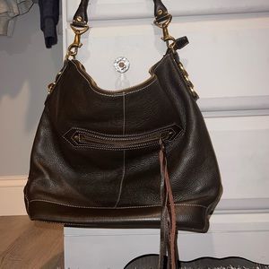 Brown leather shoulder bag with gold hardware